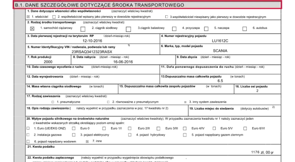 Sekcja B.1. deklaracja dn-1 zawiera szczegółowe dane dotyczące środków transportowych, z zaznaczonymi polami wyboru.