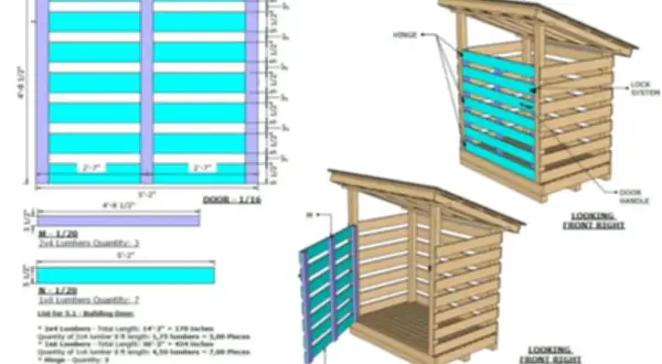 Detaljerad vedbod ritning med mått och materiallista. En ritning för en vedbod som visar konstruktion och delar.