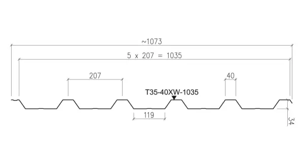 Profil blachy trapezowej T35-40XW-1035 z wymiarami: szerokość całkowita ~1073 mm, szerokość krycia 1035 mm, wysokość profilu 34 mm, rozstaw żeber 207 mm.
