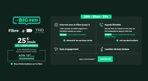 Offre Fibre BIG RED : 25€/mois avec 2 mois offerts. La box incluse propose internet jusqu'à 1Gb/s et appels illimités.