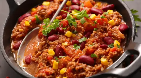 Gęste, aromatyczne chili con carne z fasolą i kukurydzą, podane w żeliwnej patelni, ozdobione natką pietruszki.