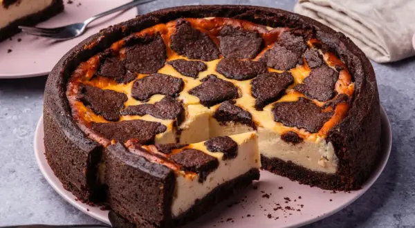 Ein saftiger russischer Zupfkuchen mit dunklem Schokoladenboden und cremiger Käsemasse, belegt mit zupfartigen Schokoladenstücken.