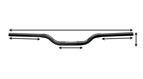 Manillar negro de moto con flechas indicando dimensiones. Se aprecian partes del manillar y sus medidas.