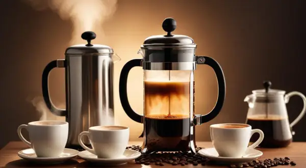 En fransk press kaffe med ånga som stiger från en kaffebryggare och koppar. Kaffebönor sprids ut på bordet.