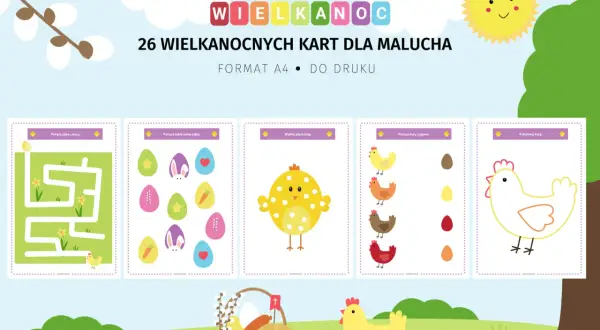 Wielkanoc karty pracy dla malucha: labirynt, dopasowywanie jajek, wyklejanie kurczaka, łączenie kur z jajami i kolorowanka kury.