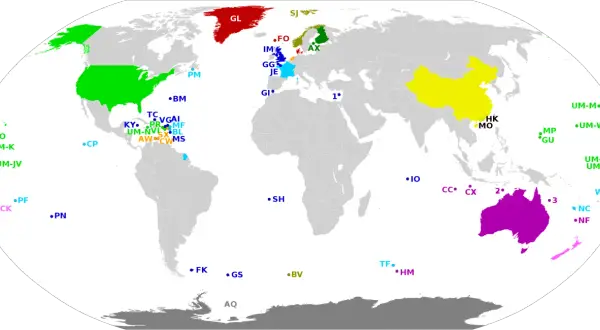 Mapa świata z zaznaczonymi punktami. Wśród nich państwa w Polinezji, jak np. wyspy oznaczone jako PF, PN, NU, CK.
