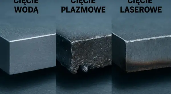 Porównanie efektów cięcia: gładka krawędź po cięciu wodą, szorstka po plazmowym i lekko przypalona po laserowym.