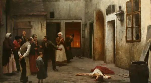 Scena zbrodni, gdzie leży ofiara. Wokół zgromadził się tłum gapiów, a wśród nich można dostrzec głównego bohatera "Zbrodni i kary".
