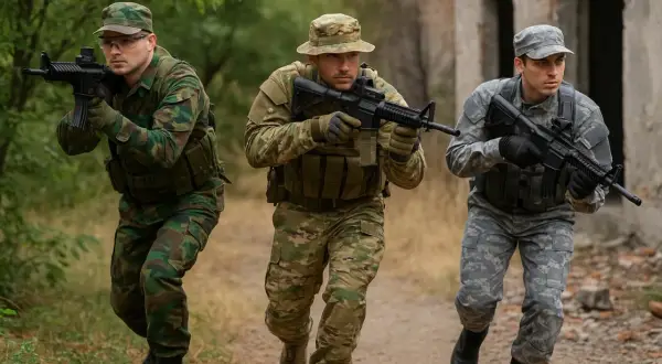 Tres hombres con equipo airsoft, camuflaje y rifles avanzan cautelosamente en un entorno boscoso cerca de una estructura en ruinas.