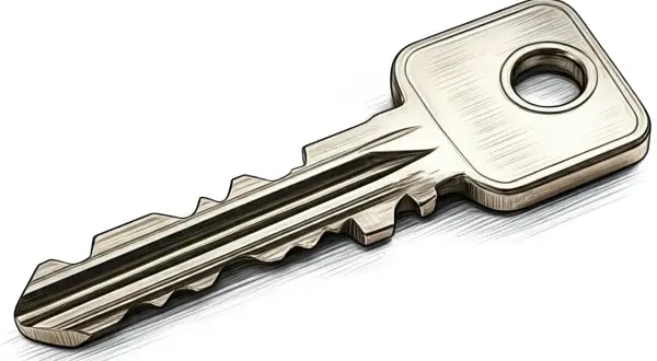 Llave metálica plateada con dientes dentados sobre fondo blanco.