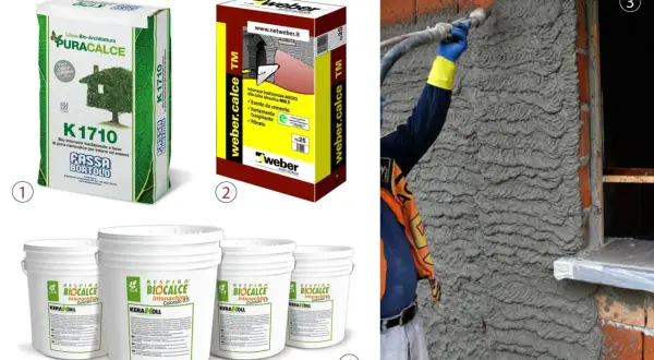 Immagini mostrano prodotti per intonacare e rasare, evidenziando la differenza tra intonaco e rasatura. Lavori in corso con applicazione di intonaco.