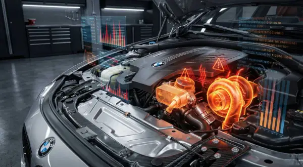 Silnik BMW E50 z wizualizacją danych i ostrzeżeniami.