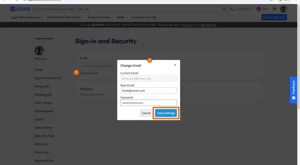 Okno dialogowe "Zmień e-mail" z polami na obecny i nowy adres e-mail oraz hasło.