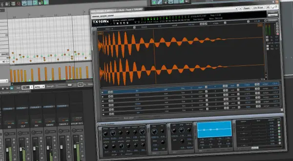 Digitales beat programm zeigt Wellenformen und Mixer-Einstellungen.