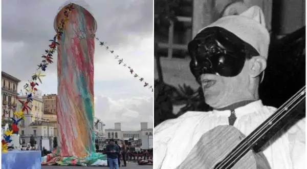 Gigantesca effigie colorata e maschera di Pulcinella, simbolo del suo nome comune e della tradizione napoletana.