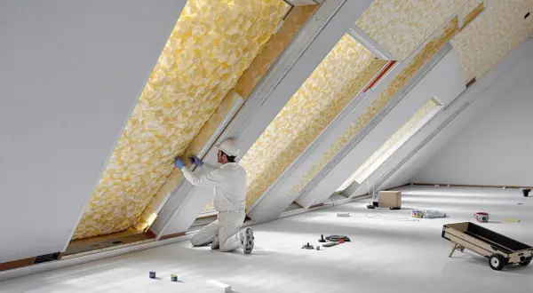 Un ouvrier installe une isolation projetée comble dans un grenier. Le matériau jaune texturé est visible dans les lucarnes.