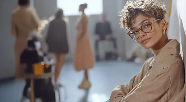 Junge Frau mit Brille lehnt an Wand, im Hintergrund Models bei einem Modemanagement-Event in Berlin.