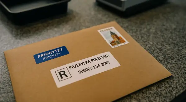 Koperta z naklejkami "PRIORYTET PRIORITY" i "PRZESYŁKA POLECONA" z numerem identyfikacyjnym.
