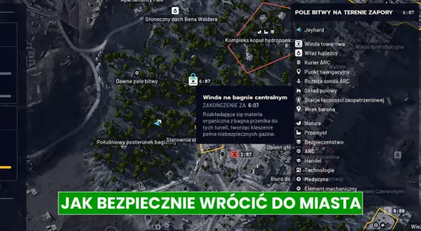 Mapa z gry Arc Raiders z zaznaczonymi celami i wskazówkami, jak bezpiecznie wrócić do miasta.