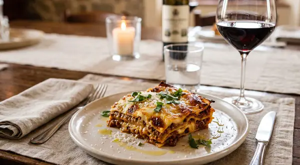 Ein Stück Lasagne auf einem Teller, daneben ein Glas Rotwein. Perfekt für einen gemütlichen Abend mit Wein zu Lasagne.