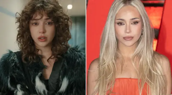 Ana Mena con pelo rizado y abrigo de pelo, y Ana Mena con pelo liso y vestido naranja.