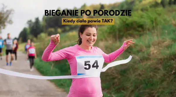 Szczęśliwa kobieta przekracza metę, symbolizując powrót do formy i bieganie po porodzie.