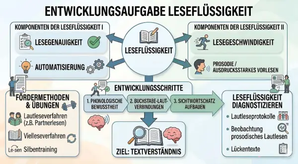 Das Schaubild zeigt, wie Leseflüssigkeit entwickelt wird. Laut lesen vorteile sind hierbei zentral, von Genauigkeit bis Ausdruck.