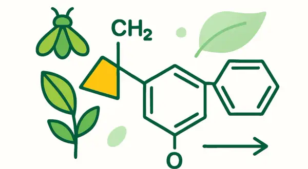 Ilustracja przedstawia wzór chemiczny, liście, owada i strzałkę, symbolizując naturalne pyretroidy środki ochrony roślin.