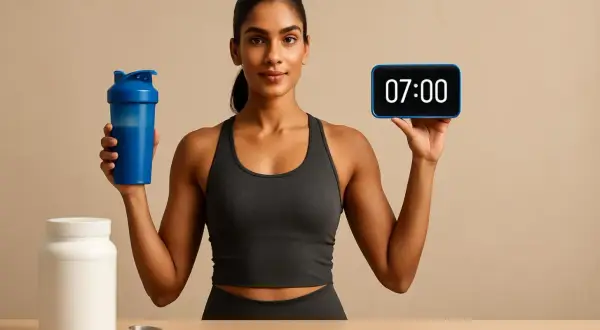 Donna con shaker e barattolo di proteine in polvere, pronta per il suo allenamento mattutino alle 7:00.