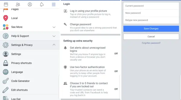 Jak zmienić hasło w Messengerze? Ekran pokazuje opcje zmiany hasła w ustawieniach bezpieczeństwa Facebooka.