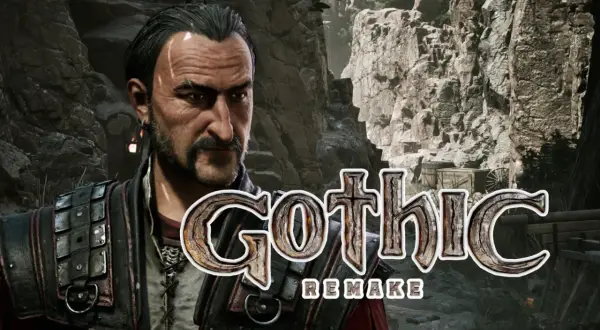 Postać z gry **Gothic** Remake, w tle skaliste tereny i drewniane beczki.