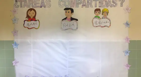 Póster sobre "Tareas Compartidas" con dibujos de mamá, papá y niños. Ideal para actividades del Día de la Mujer, promoviendo la equidad en casa.