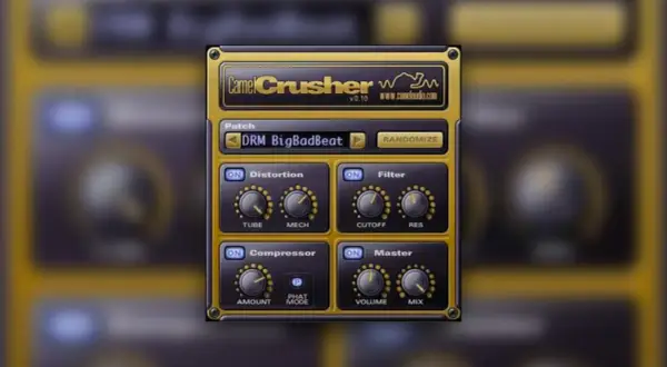 Camel Crusher audio plugin interface with knobs for distortion, filter, compressor, and master. The "DRM BigBadBeat" patch is selected.