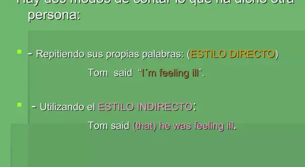 Explica qué es reported speech con ejemplos de estilo directo e indirecto, como "Tom said 'I'm feeling ill'" y "Tom said he was feeling ill".
