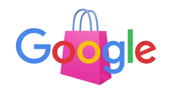 Logo Google z różową torbą na zakupy. Dowiedz się, jak dodać swoje produkty do Google Zakupy.