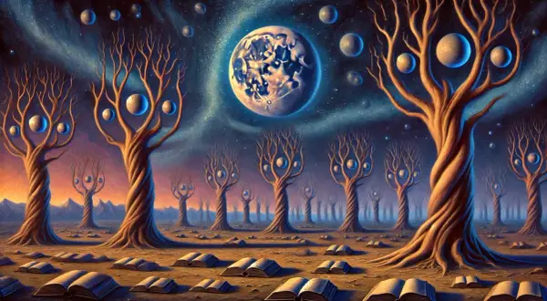 Surrealistyczne co to? Drzewa z planetami zamiast liści, księżyc i otwarte księgi na pustkowiu.