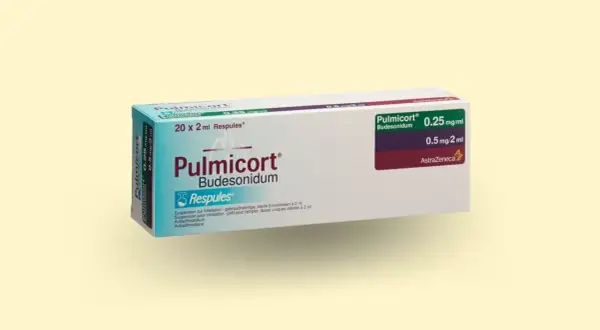 Opakowanie leku Pulmicort z budesonidem w formie zawiesiny do inhalacji, 20 ampułek po 2 ml. Pomoc w leczeniu astmy.