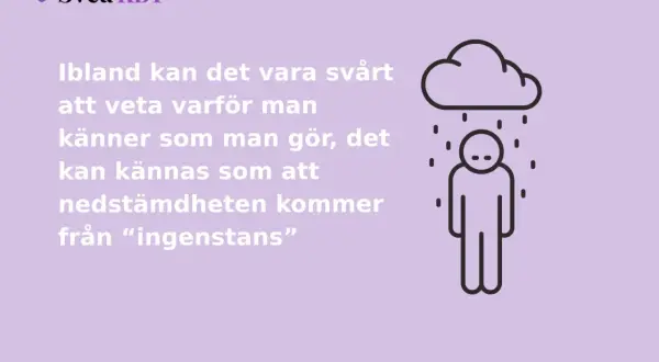 En person står under ett regnigt moln. Texten beskriver känslan av nedstämdhet som kan komma från ingenstans, och hur man kan komma ur en depression.