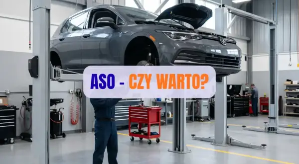 Mechanik pracuje pod autem na podnośniku w warsztacie. Napis "ASO - czy warto?" sugeruje dyskusję o serwisach samochodowych.
