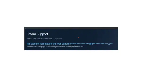 Strona wsparcia Steam: wysłano link weryfikacyjny na email.
