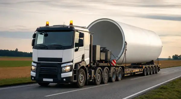 Un camion blanc transporte une immense section de pale d'éolienne sur une route de campagne. Ce convoi exceptionnel roule vers son destin.