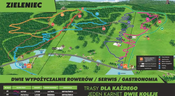 Mapa tras rowerowych w Zieleńcu. Znajdziesz tu trasy dla każdego, od łatwych po trudne, z wyciągami i punktami gastronomicznymi.
