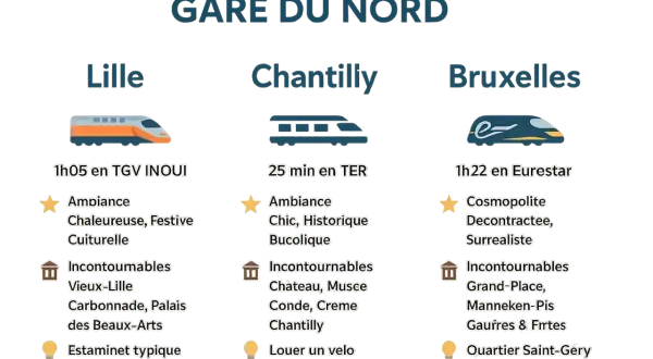 Destinations depuis Paris : Lille (TGV INOUI), Chantilly (TER) et Bruxelles (Eurostar).
