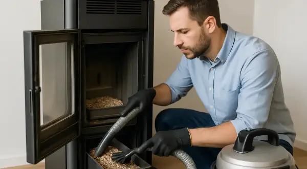 Mann mit Handschuhen reinigt Pelletofen mit Staubsauger. So gelingt die Pelletofen Wartung selber machen.