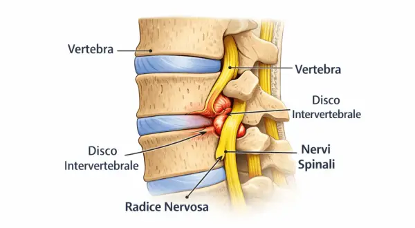 Compressione di una radice nervosa da ernia discale, causa comune di sintomi sciatica gamba destra.
