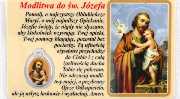 Modlitwa do św. Józefa z wizerunkiem świętego tulącego Dzieciątko Jezus.