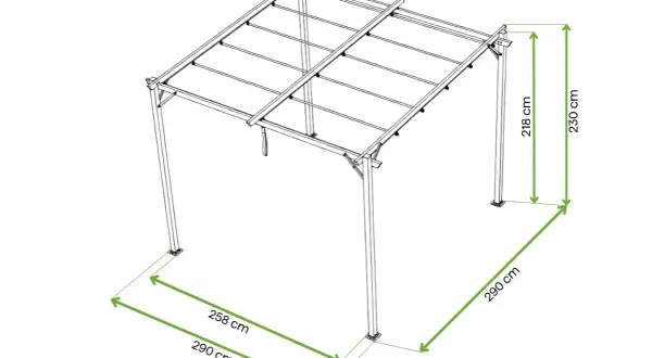 Konstrukcja altany dn80 z wymiarami: 290x258 cm, wysokość 230 cm. Idealna do ogrodu.