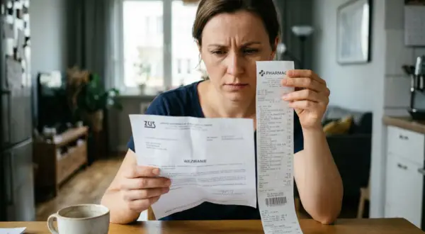 Zmartwiona kobieta analizuje rachunki i wezwanie z ZUS. Zastanawia się, jak pogodzić koszty leczenia z bieżącymi wydatkami, szukając informacji o ubezpieczenie zdrowotne NFZ.