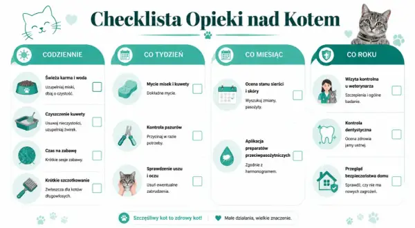 Checklista opieki nad kotem: codzienne czynności, cotygodniowe, comiesięczne i coroczne. Dbaj o swojego stary kot, by był zdrowy i szczęśliwy.
