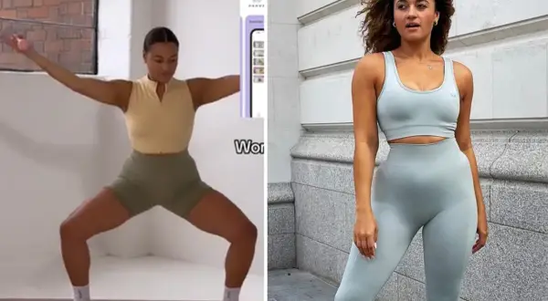 Woman demonstrating exercises for toned arms. The split image shows her in a workout pose and a fitness outfit.